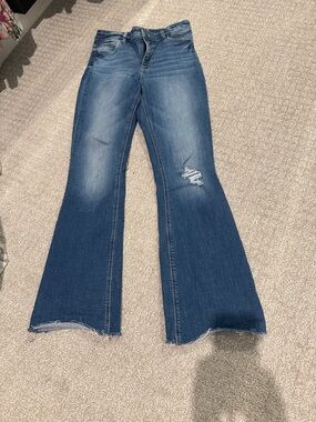 Kut from the Kloth Medium Blue Flare Jeans with Distressed Knee
